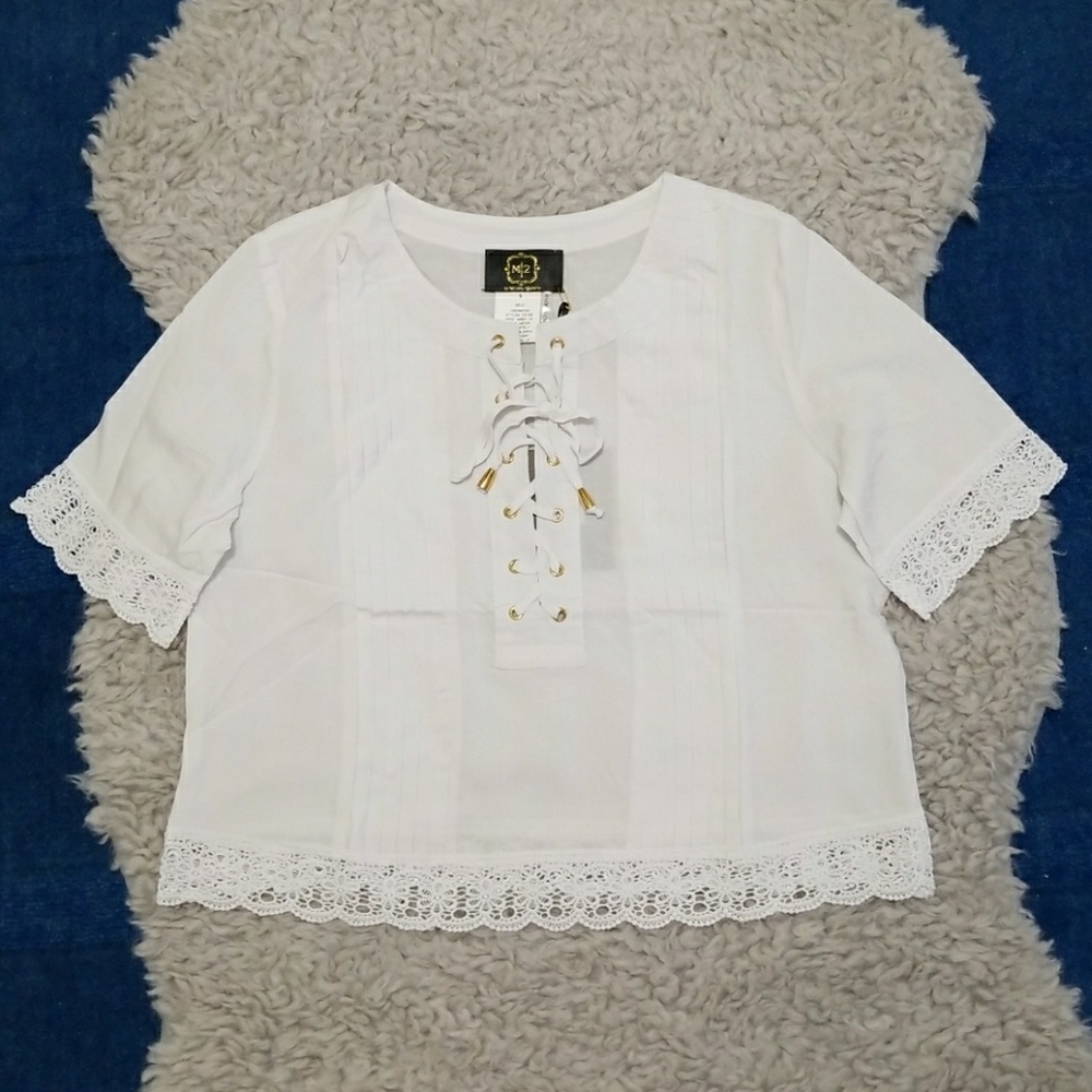 White Boho Pintuck Lace Up Crochet Trim Top - Picture 3 of 6